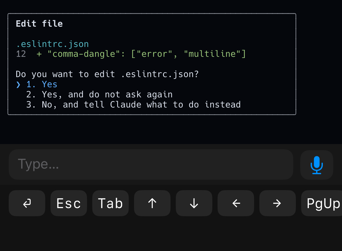 The Dazzle key strip under a Claude permission prompt, ready to answer it with one tap.